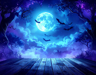 Mystical Halloween Night with Full Moon and Flying Bats