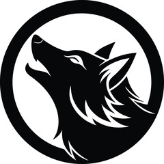 Stylized howling wolf head logo design with a circular frame