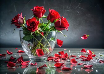 Fragile red roses scattered in a shattered glass vase