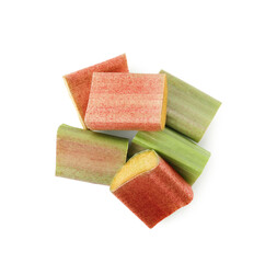 Pieces of fresh rhubarb isolated on white, top view