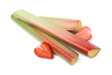 Fresh rhubarb stalks and strawberry isolated on white