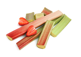 Cut fresh rhubarb and strawberry isolated on white