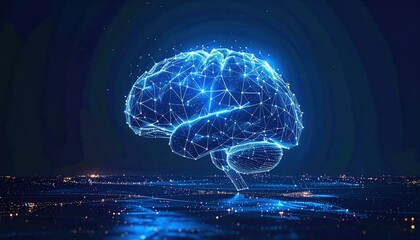 A digital brain made of glowing blue lines and nodes, symbolizing advanced technology and artificial intelligence concepts.