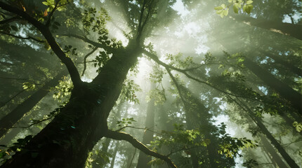 Fototapeta premium Sunlight penetrating through forest hope healing natural scenery background