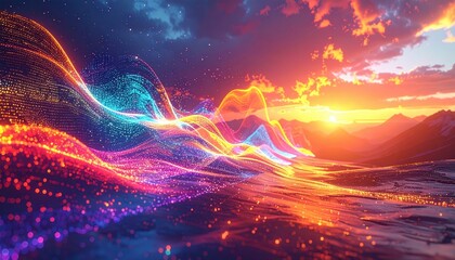 Obraz premium A vibrant digital landscape showcasing colorful wave patterns against a stunning sunset backdrop, blending technology and nature beautifully.