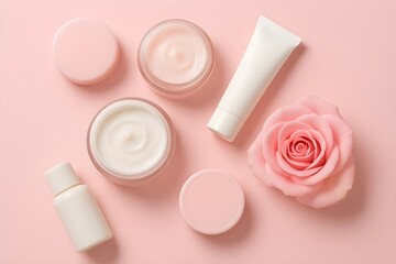 skincare cream jars with rose on pink background