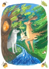 Watercolor illustration. Animals in the forest near a stream.