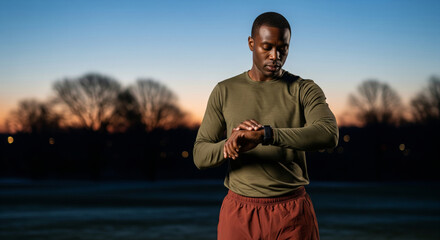 Man in activewear checks his smartwatch during outdoor workout at dusk, showcasing active lifestyle and wellness discipline. serene background highlights his focus and determination