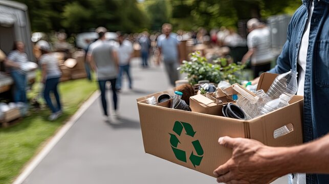 Community volunteers participate in eco-friendly activity by collecting recycled materials at a park event during a sunny afternoon
