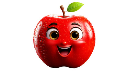 3D cartoon apple, glossy, cute expression, isolated on transparent background
