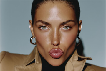 Close-up portrait of a stunning woman puckering her lips as if for a kiss, looking directly at the camera. Bold and flirty beauty shot.