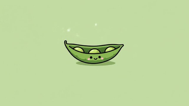 Animated cartoon image of a pea pod with smiling peas on green background