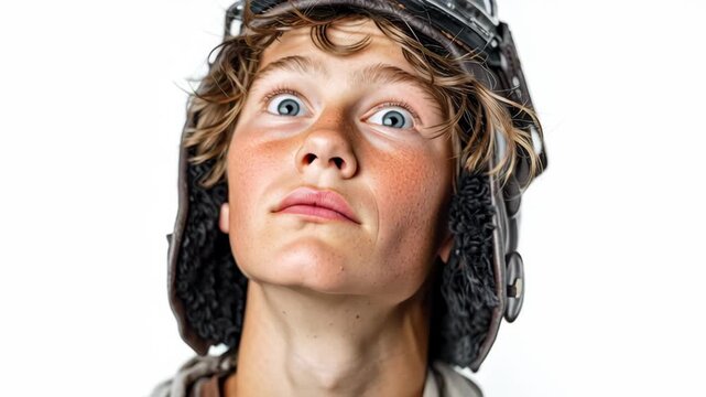 Young aviator with vintage goggles gazes thoughtfully, transitioning from a serious expression to a curious look, capturing the essence of youthful imagination and adventure in a cohesive visual narra