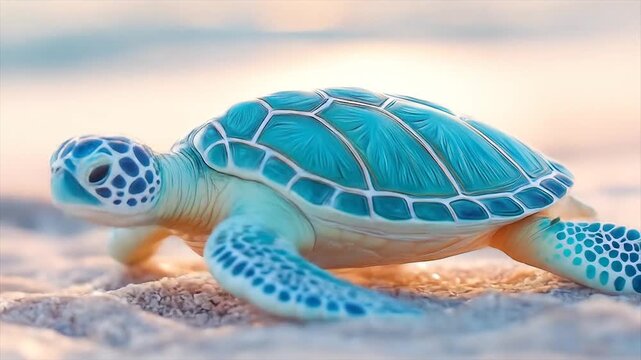 Sea turtle resting on a sandy beach with turquoise shell