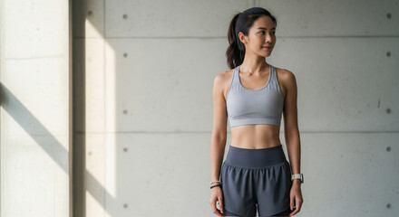 Confident woman in activewear stands indoors, embodying active lifestyle and wellness. Her disciplined approach to fitness is evident in her toned physique and focused expression