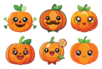 Funny cartoon fruit and vegetable set with happy faces and a halloween pumpkin illustration