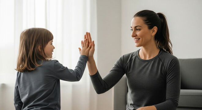 Woman and young girl share high five in bright living room, symbolizing active lifestyle and wellness. Their interaction reflects discipline and positivity in family setting