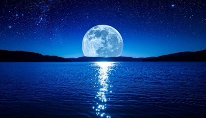 “Romantic moon with clouds and a starry night sky over sparkling blue water. Dreamy and detailed full HD background with magical reflections, perfect for wallpapers, posters, invitations, fantasy art,