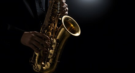 Obraz premium Jazz Saxophone Player: Close-up of Hands on Brass Instrument for Music, Performance, and Night Club Vibe 