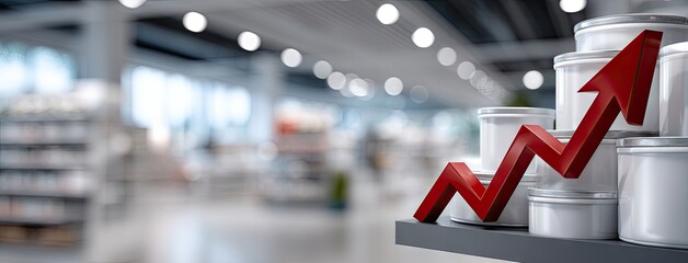 Red arrow indicating growth on metallic bars representing rising profits in a modern retail setting during daylight hours