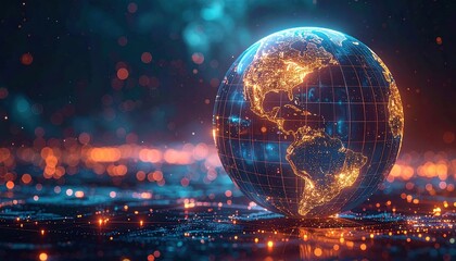 A glowing globe surrounded by colorful lights, representing a digital or futuristic view of Earth with intricate details of continents.