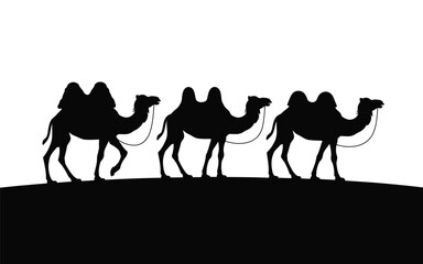 Three camel silhouettes traveling across a desert horizon