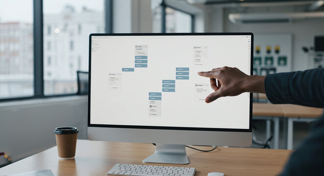 Professional interacting with a graphical user interface on a large touch screen monitor to arrange and manage digital information.Concept of user interface design and software development.