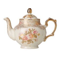Elegant teapot adorned with floral details isolated on white background