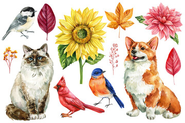 Watercolor Animals and Flowers Set. Corgi Dog, Fluffy Cat, Birds, Sunflower, Dahlia, Autumn Leaves Illustration Clipart