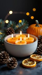 Pumpkin spice candle arrangement with six lit orange candles, pine cones, lemon slices, and small pumpkin on dark surface. Concept of warm, inviting Halloween atmosphere with bokeh.