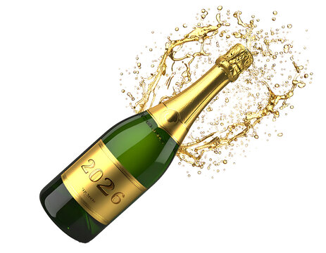 3D glossy champagne bottle popping with sparkling bubbles, &ldquo;2026&rdquo; golden label 