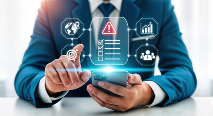 Businessman using mobile for risk management compliance and data security with business application