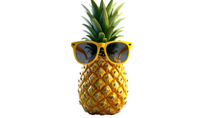 3D pineapple with sunglasses, tropical fun style, isolated PNG