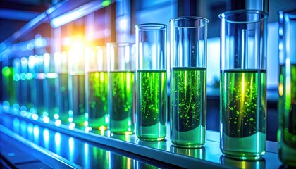 Green Liquid Samples in Glass Tubes on a Rack Under Blue Lighting in Laboratory