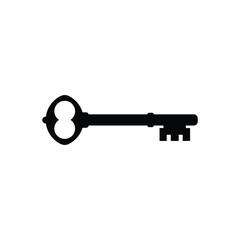 Black silhouette of a vintage key on a white background, symbolizing security, access, solution, mystery, and opportunity. Ideal for lock concepts, privacy, success, and unlocking potential in design.