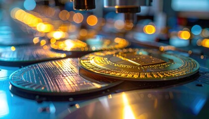 Green Printed Circuit Board Close Up with Glowing Indicator Led Lights and Golden Reflections at Studio