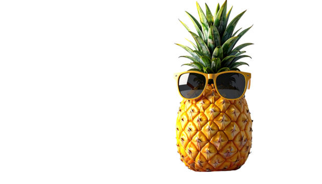 3D pineapple with sunglasses, tropical fun style, isolated PNG
