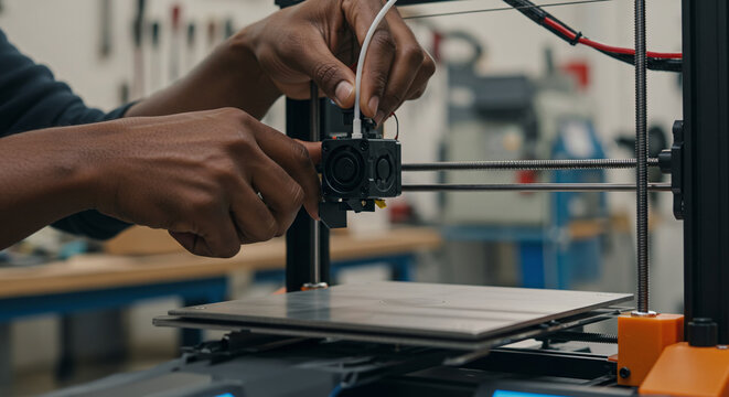 A technician is adjusting the print head of a 3D printer during setup or maintenance. Concept of 3D printing and additive manufacturing.
