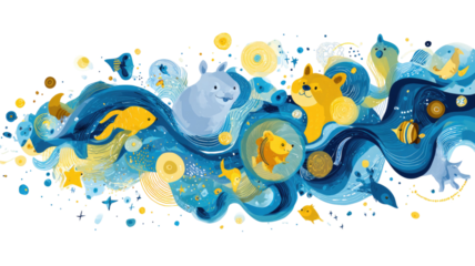 Abstract colorful wave decorated with cute animal icons in playful arrangement creating vibrant cheerful pattern on white background