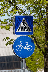European Pedestrian Crossing Sign with Blue Circular Bicycle Sign