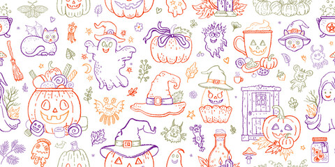 Halloween seamless pattern. Halloween background. Pumpkin, witch hat, autumn leaf, cat. Fall vector print. Cute doodle pumpkin seamless pattern. Autumn floral crayon background. Simple outline icon bg