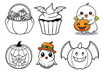 A cartoon vector illustration set of scary Halloween pumpkin faces, ripe orange fruit symbols for October holiday celebration on a white backround 