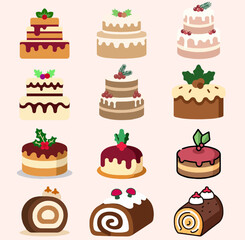 Vector Cake and Cupcake Icon Set. Flat Design Dessert Collection for Menu, Bakery, and Birthday Celebration.