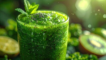 Green Smoothie Close Up with Kiwi and Mint on Lush Green Background