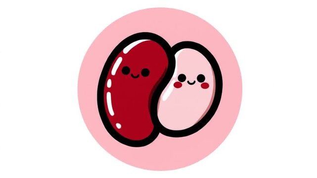 Animated smiling beans characters in a pink circle isolated on white