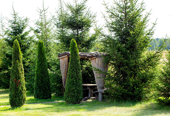A beautiful gazebo made of dry reeds against a backdrop of fir trees and thujas at a dacha, landscape design