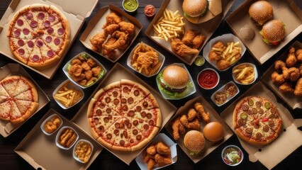 Delicious Feast - An Overhead View of Pizza, Burgers, and Fried Chicken.