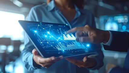 Business analytics on tablet with touch screen data, corporate financial progress, digital - Powered by Adobe