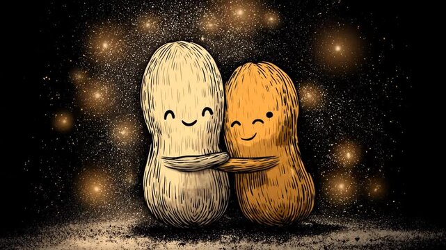Animated peanuts embracing against a starry black background