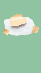 Torn piece of school notebook in a grid and brown piece of paper with beige tape on green background